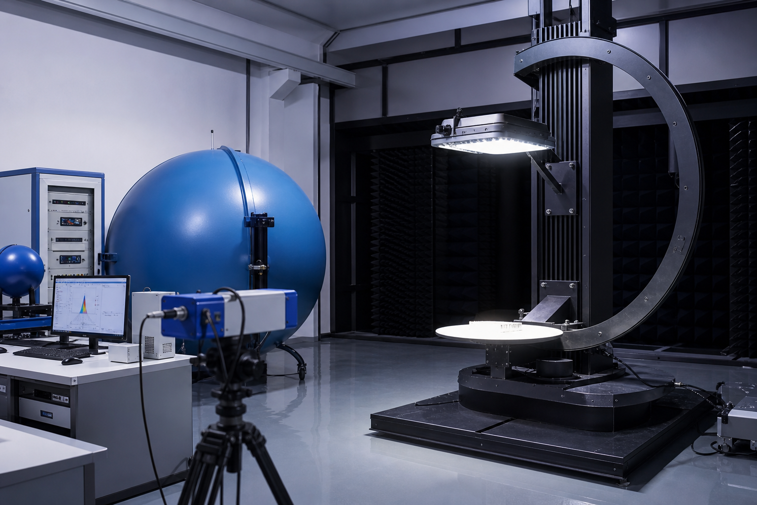 Lighting laboratory with goniophotometer and integrating sphere