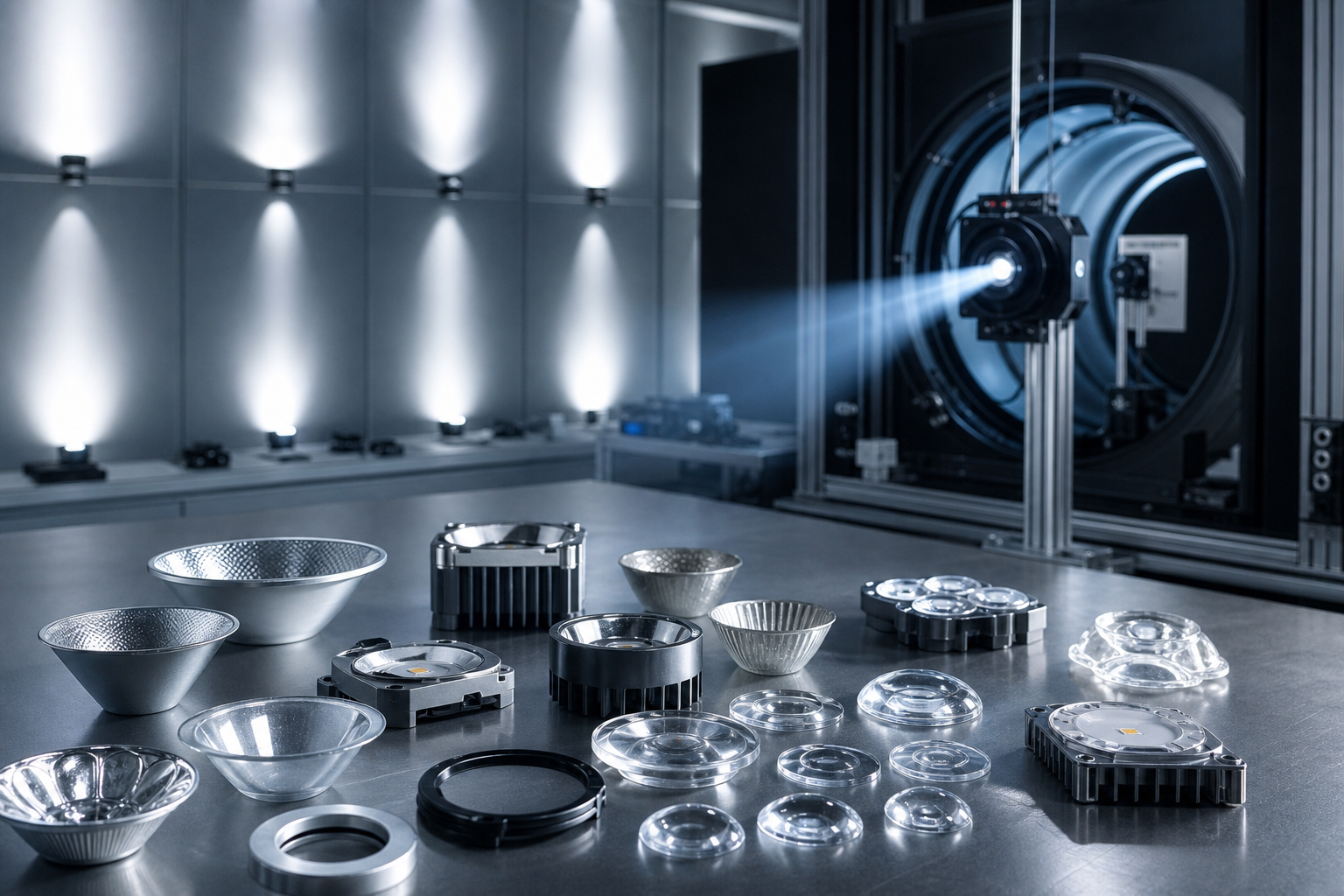 Precision LED optics, lenses and reflectors in a lighting lab