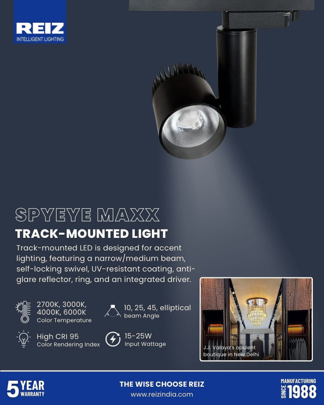Track-mounted LED lighting by REIZ illuminating a modern boutique, emphasizing intelligent, energy-efficient design for commercial interiors.