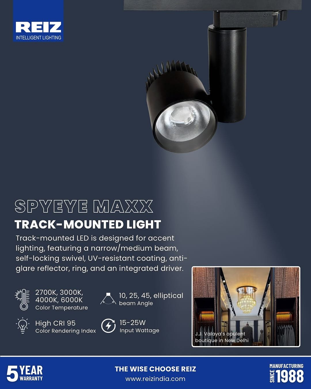 Track-mounted LED lighting by REIZ illuminating a modern boutique, emphasizing intelligent, energy-efficient design for commercial interiors.