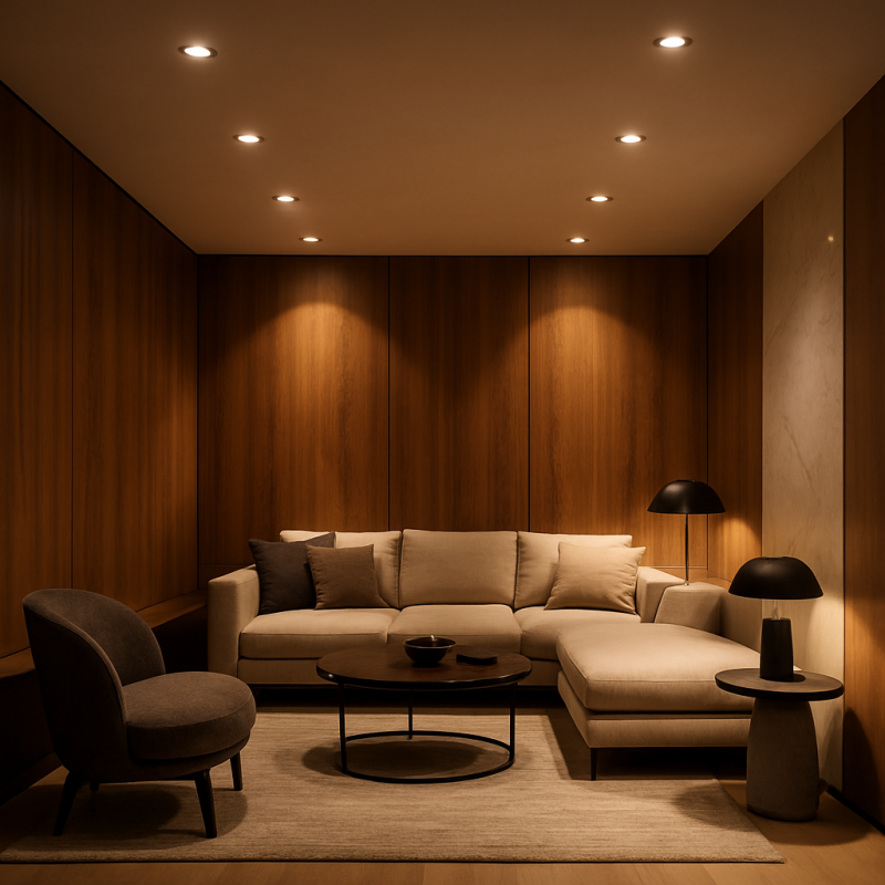 Modern luxury interior illuminated by sleek recessed LED downlights